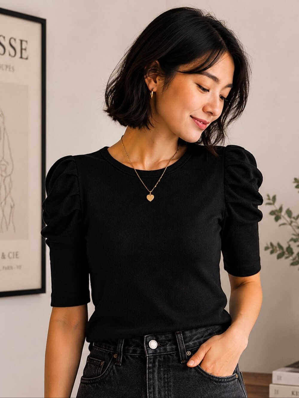 Stradivarius | Black Puff-Sleeve Ribbed Tee, Size S
